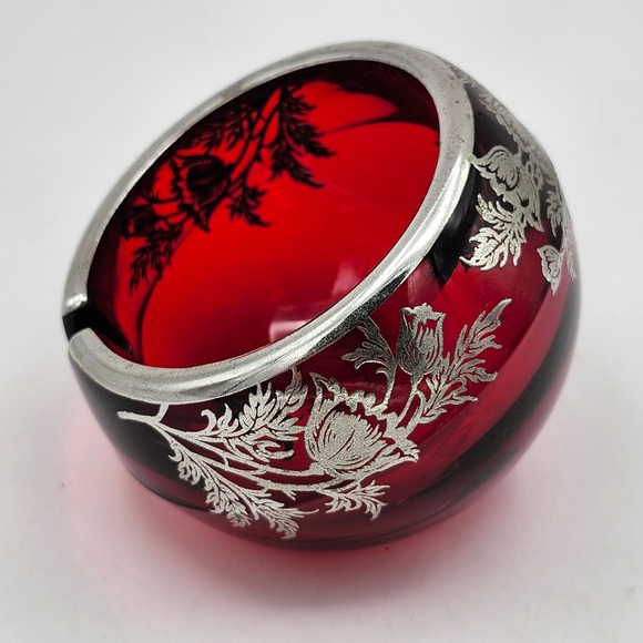 Viking Glass Ruby Red Orb Lighter Ashtray Silver Overlay Sterling on Crystal VTG - Picture 2 of 16